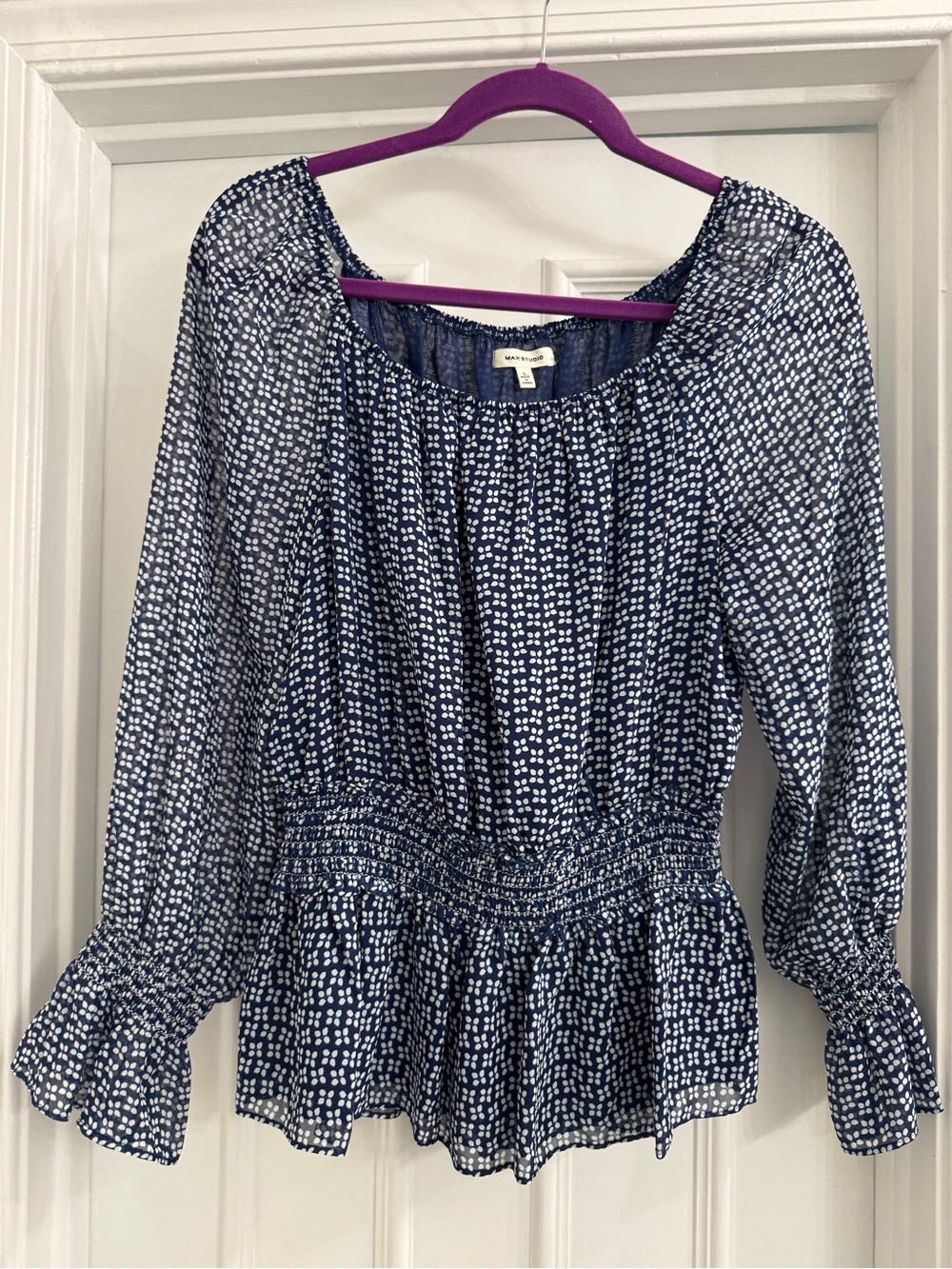 Max Studio Navy and White Dot Smocked-Waist Long Sleeve Dress